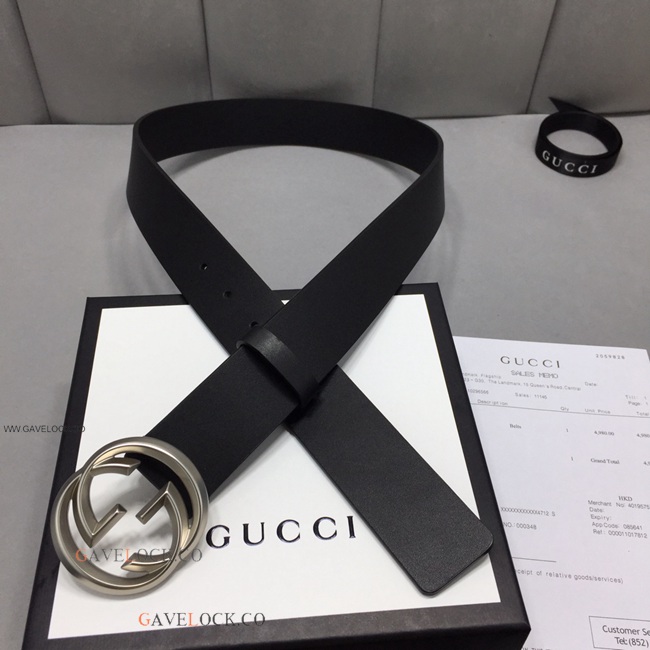Gucci Leather Men's Belt Palladium Interlocking GG Buckle Gucci Leather Men's Belt Palladium Interlocking GG Buckle